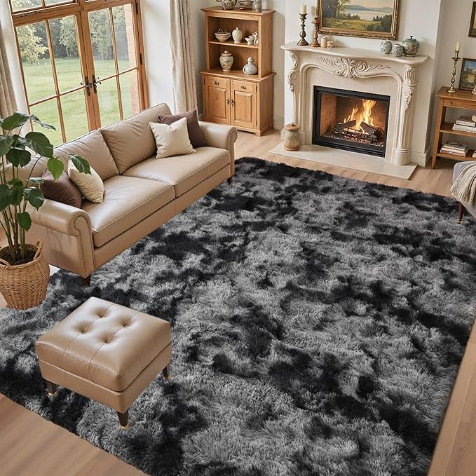 6x9 Ft Large Shag Rug for Living Room Bedroom,Tie-Dyed Ultra Soft Fluffy Furry Area Rug, Aesthetic Carpet for Indoor Floor Home Decor(Dark Grey)