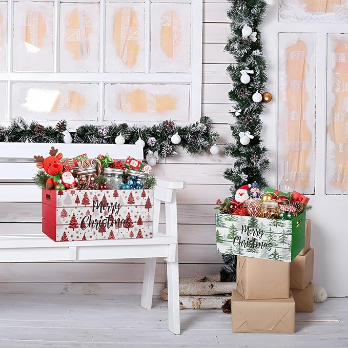 FoldTier 2 Pcs 14inch & 12inch Christmas Wood Storage Boxes with Handles Red and Green Decorative Nesting Crates Rustic Farmhouse Storage Container Xmas Decorations Organizer Bins for Home(Novel)
