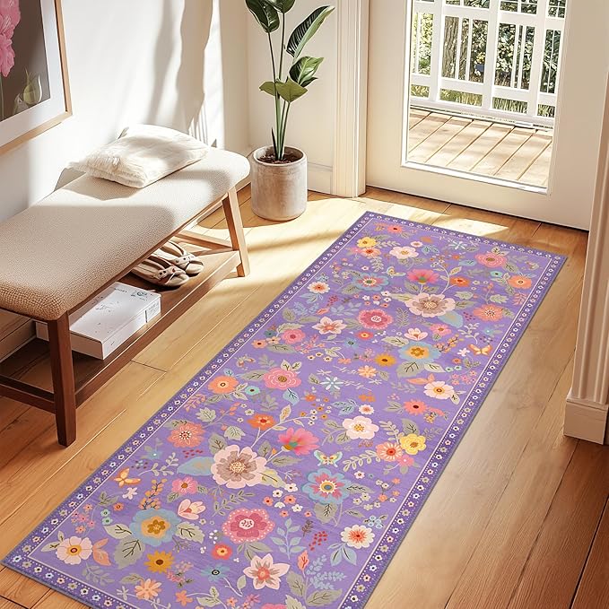 RELEANY Floral Nursery 2x8 Area Rugs Washable Print Boho Cute Carpet Non Slip Flower Low Pile for Living Room Kids Girls Playroom Bedroom Kitchen Office Farmhouse-Purple/Pink/Multi