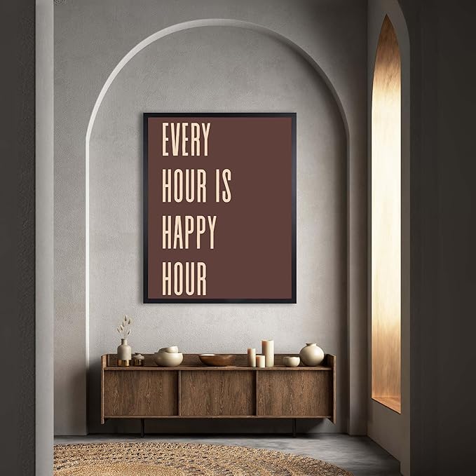 InkFlow Posters Every Hour Happy Hour Poster - Retro Typography Quote Art - Warm Brown Minimal Design - Kitchen Bar Wall Decor Accent - Modern Home Print - 18x24 Unframed Canvas Print