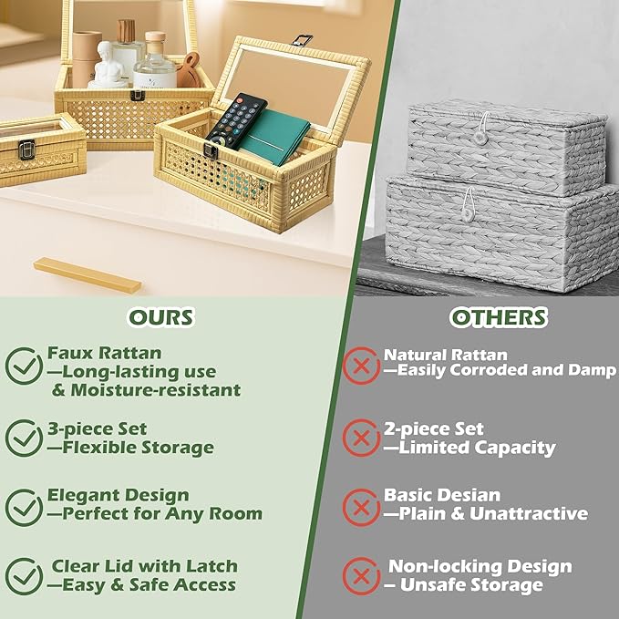 Rattan Decorative Boxes with Lid 3 Packs, Woven Cane Storage Box Rectangular Set of 3, Rattan Box with Acrylic Lid for Home Decor