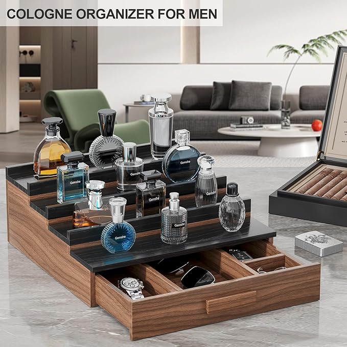 Solid Walnut Cologne Organizer for Men,Cologne Stand,4 Tier Wooden Cologne Holder Shelf Display,Perfume Stand Organizer with Drawer Storage and Hidden Compartment,Gift for Men Dad Husband