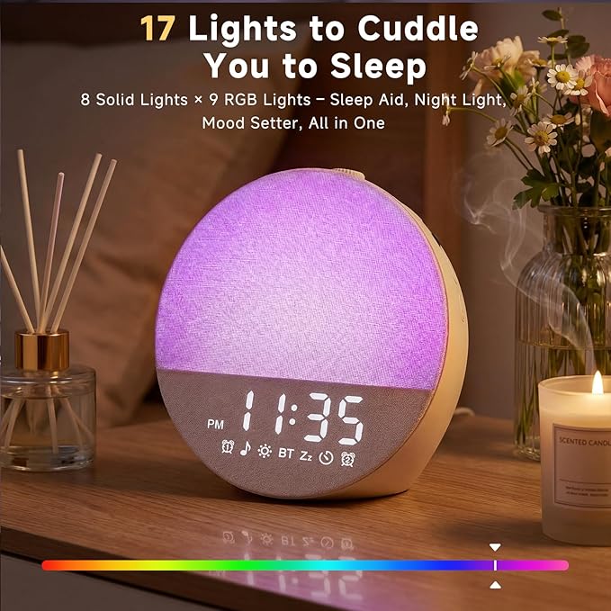 Geuuap Sunrise Alarm Clock White Noise Machine | Natural Wake-Up Light for Bedroom with 30 Soothing Sleep Aids, Bluetooth Speaker, Dimmable Clock, Screen-Free Design for Baby Adults Kids-Khaki