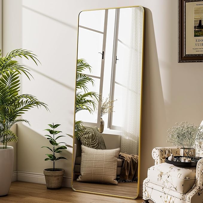 Gold Full Length Mirror 26 x 71 Inch Nano Floor Mirrors with Stand Rounded Corner Full Body Mirrors with Aluminum Alloy Frame for Bedroom Living Room Checkroom