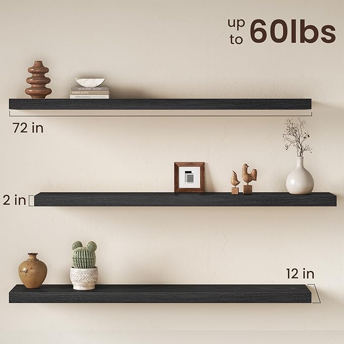 Fun Memories 72 Inch Floating Shelves, 12 Inch Deep Wall Shelf for Fireplace Mantel, Deep Storage Shelves for Home & Office, Long Floating Shelf with Invisible Bracket, Black, Set of 2