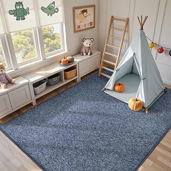 FinRèc 8x10 Washable Area Rugs for Bedroom Living Room, Low Pile Thin Rug Solid Color, Non-Slip Carpet Indoor for Home Decor (Navy Blue/White)