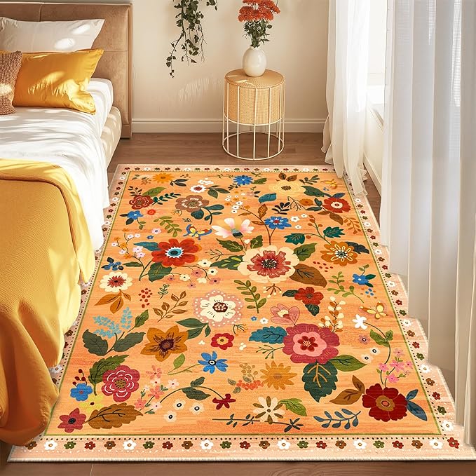RELEANY Floral Nursery 5x7 Area Rugs Washable Print Boho Cute Carpet Non Slip Flower Low Pile for Living Room Kids Girls Playroom Bedroom Kitchen Office Farmhouse-Yellow/Orange