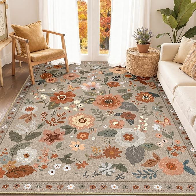 RELEANY Floral Nursery 4x6 Area Rugs Washable Print Boho Cute Carpet Non Slip Flower Low Pile for Living Room Kids Girls Playroom Bedroom Kitchen Office Farmhouse-Brown/Brick