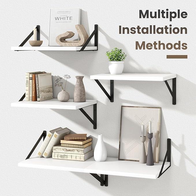 Marsmiles White Floating Shelves for Wall, 12 Inch Deep Wood Wall Mounted Shelves Set of 2, 16W x 12D Wide Floating Wood Shelves for Bathroom Bedroom Kitchen Living Room, White