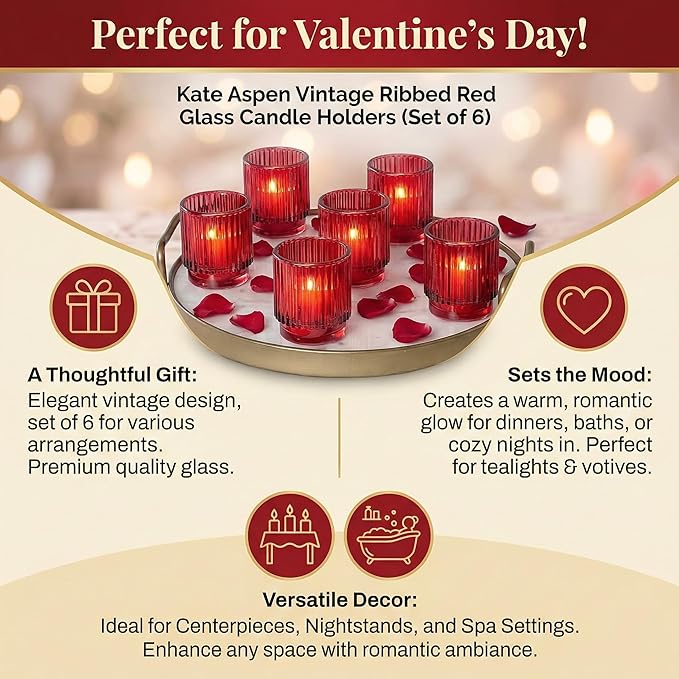 Kate Aspen Vintage Ribbed Red Glass Candle Holders Set of 6 - Votive & Tealight Candle Holder Decor for Holiday Table Decor, Christmas Dining Tablescape, Fall & Boho Home Accents (27206RD)