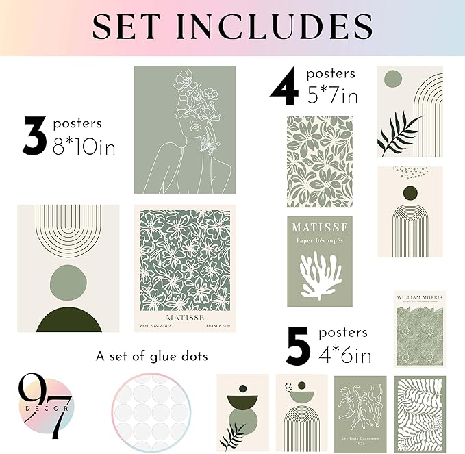 97 Decor Sage Green Wall Art Prints - Sage Green Posters For Room Aesthetic Picture, Abstract Boho Paintings Wall Decor, Cozy Matisse Prints Gallery Wall Art For Bedroom Dorm Decorations (unframed)