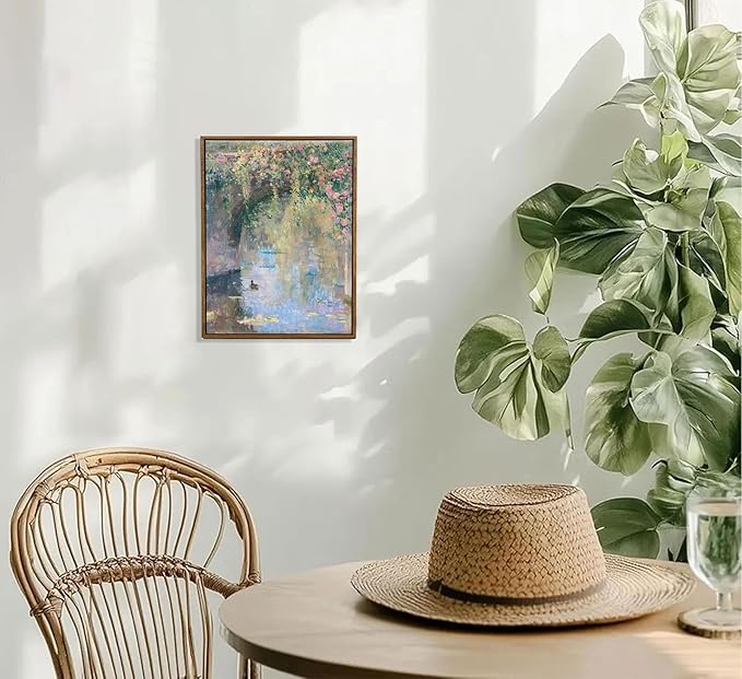 Framed Canvas Wall Art Vintage Country Wall Decor Impressionist Floral Pastel Oil Paintings Vintage Duck Water Print Rustic Bridge Nature Picture for Bathroom Bedroom Kitchen Living Room Farmhouse