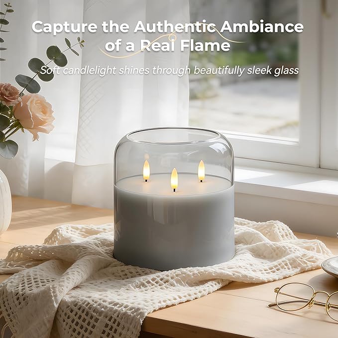 3 Wick Glass Flameless Candle with Remote and Timer, 6"x6" Extra Large Real Wax LED Pillar Candle Battery Operated with 3D Flickering Flame for Festival Wedding Home Party Decor (Gray)