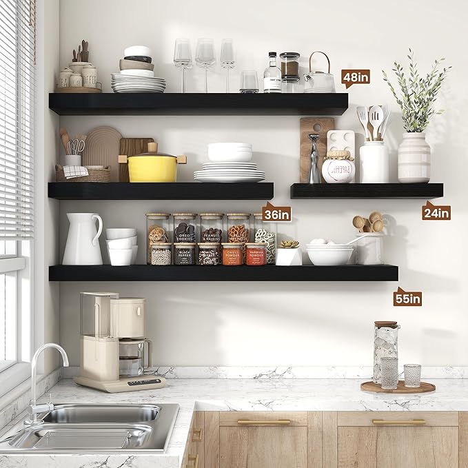 Heimlove 36 Inch Black Floating Shelves for Wall,10 Deep Wood Shelves with Invisible Brackets,Wall Mounted Storage & Display Shelves for Bedroom,Living Room,Kitchen,Office