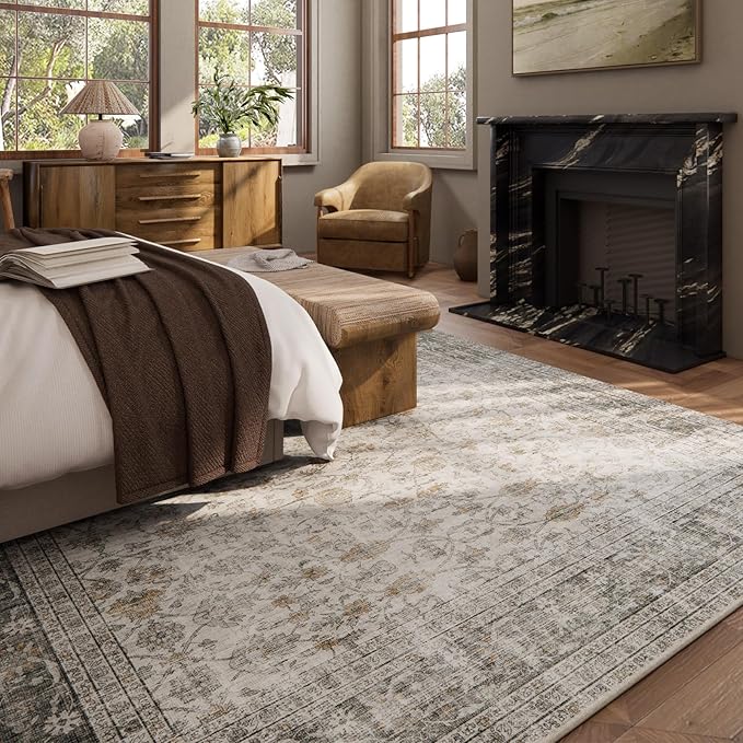 10x12 Large Rugs for Living Room: Washable Rug Stain Resistant Non Slip Distressed Vintage Rug Low Pile Faux Wool Soft Carpet for Bedroom Farmhouse Dining Room Kids Playroom Nursery