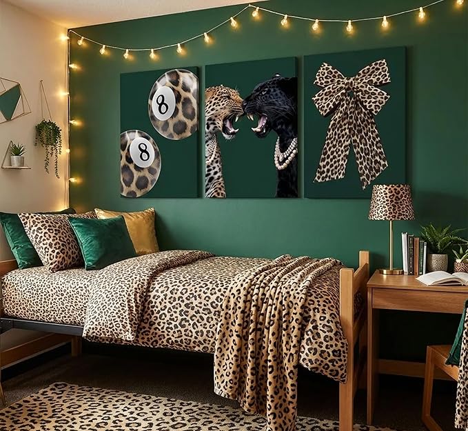3Pcs Trendy Leopard Canvas Wall Art Funky Lucky 8 Ball Pictures Wall Decor Cheetah Bows Preppy Aesthetic Posters Prints Paintings for Bedroom Dorm Living Bathroom Decoration Prepare To Hang