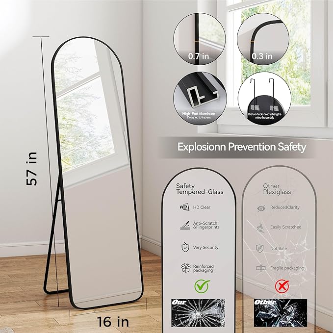 SCWF-GZ 57x16 Door Hanging Full Length Mirror, Floor Stand (Height 5.7ft just Body in1.3ft) / Wall Mounted Metal Frame Arch Dressing Mirrors for Bedroom Living Room 57 inch Black