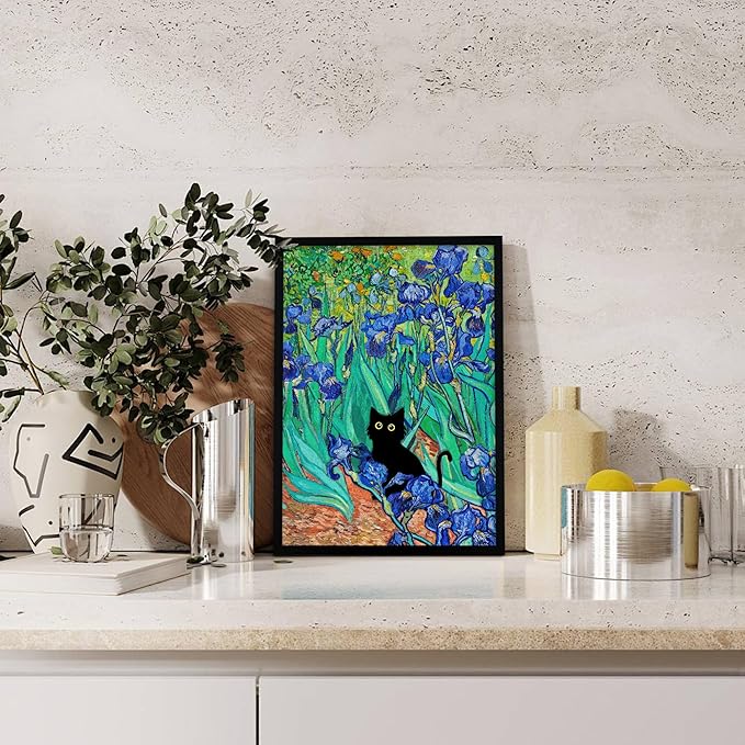Fantasy Artists Van Gogh Irises Cat Wall Art, Framed Vintage Garden Canvas Wall Decor, Funny Black Cat Poster Prints, Paintings,Bathroom,bedroom,Living Room Artwork Decorations 12" Wide X 16" Height