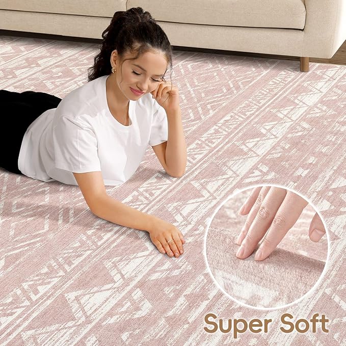 cotiled 6x9 Area Rug Living Room: Washable Boho Rugs with Non Slip Backing Large Soft Indoor Stain Resistant Carpet for Bedroom Farmhouse Dining Room Lightweight Home Decor Lotus Pink
