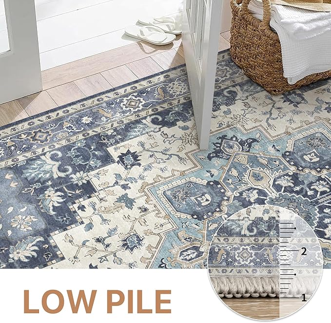 GENIMO 3x5 Area Rugs for Living Room, Machine Washable Non Slip Vintage Rugs, Low Pile Lightweight Chenille Print Rug for Bedroom, Dining Room, Home Office, Center Blue