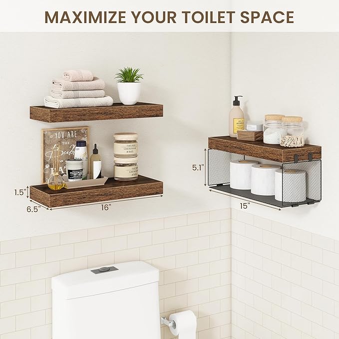 Acovy Bathroom Floating Shelves for Wall,16 inch Wall Mounted Floating Shelf Toilet Organizer and Storage,Small Farmhouse Decor Shelf,Rustic Brown,Set of 3