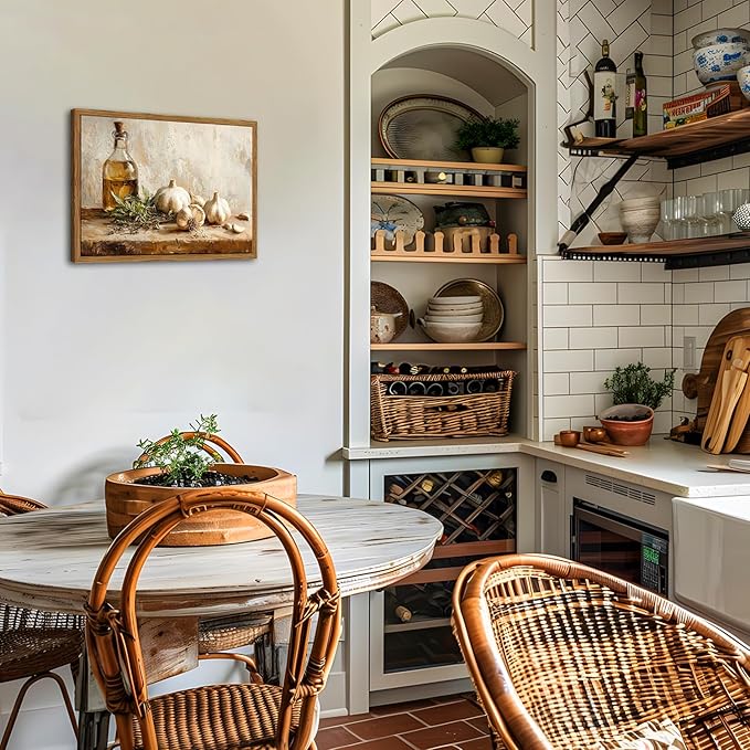 Framed Vintage Kitchen Canvas Wall Art, Rustic Garlic and Herbs Pictures Wall Decor, Neutral Still Life Paintings Prints Aesthetic Home Decor for Farmhouse Dining Room Living Room 12x16 inch