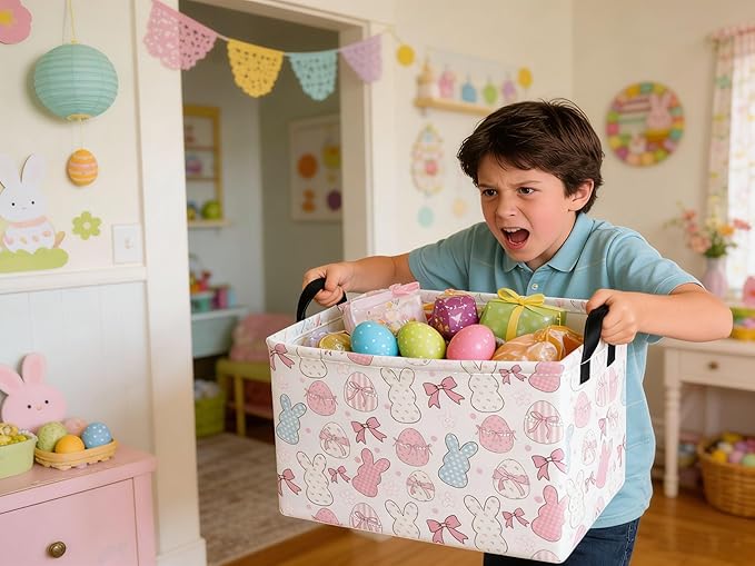 Essme Rectangular Easter Baskets,Kids Storage Box,Pink Easter Basket for Girls with Handles for Room Decor, Book Bins,Shelf Basket.(Bowknot eggs)