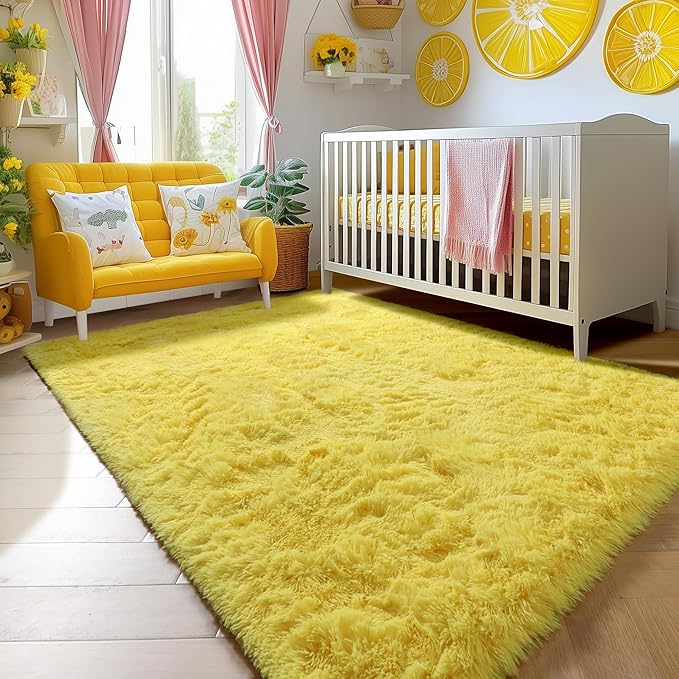 Amdrebio Yellow Area Rug for Bedroom Living Room, 5x7 Fluffy Fuzzy Plush Rugs for Kids Room Decor Aesthetic, Cute Furry Shag Kawaii Carpet for Playroom Classroom Nursery Teen Girls Boys Baby Toddler