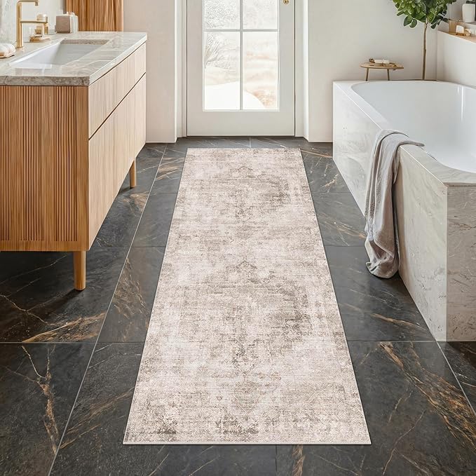 Hazo Haus 2x6 Washable Bathroom Runner Rug, Non Slip Low Pile Runner with Rubber Backing for Hallway, Kitchen and Entryway, Beige Tan Modern Farmhouse Home Decor