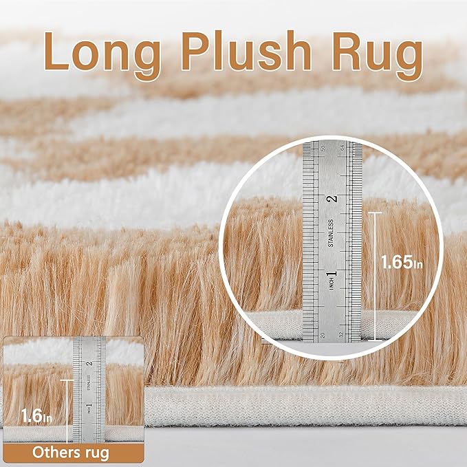 PureCozy Checkered Rug 3x5 for Playroom, Brown and White Shag Rugs Super Soft Washable Fluffy Carpet Indoor Fuzzy for Bedroom Home Dorm Aesthetic Decor