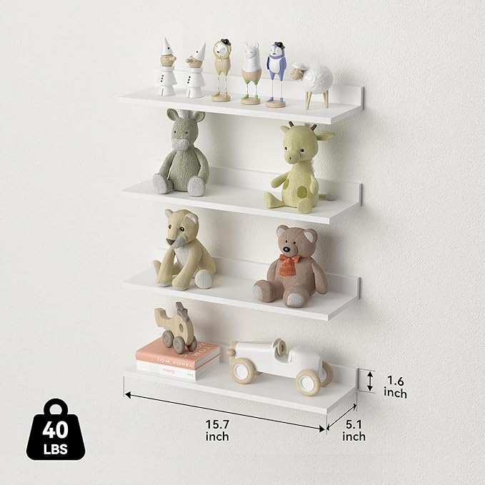 WOPITUES Floating Shelves, Wall Mounted Shelves for Room Decor, Modern Display Shelf for Bedroom, Sturdy Bathroom Storage Shelves, Book Shelves for Living Room, White Small Corner Shelves, Set of 4