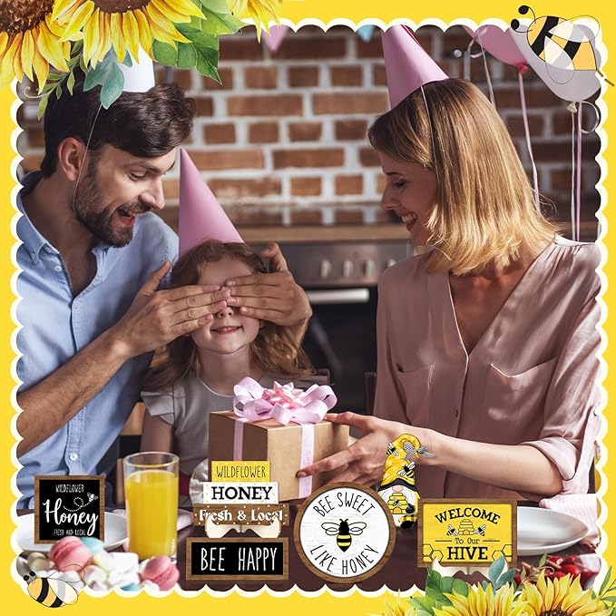 Bucherry 17 Pcs Spring Honey Bee Tiered Tray Decor Set Bee Wooden Signs Gnome Yellow Truck Honey Table Decor Spring Summer Farmhouse Table Signs Decoration