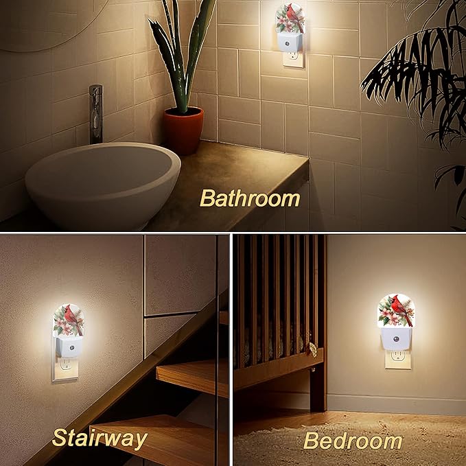 Night Light,Red Cardinal Bird Flowers Night Lights Plug Into Wall for Bedroom Bathroom Kitchen Hallway Stairs Hallway, Plug-in, Energy Efficient Decor Desk Lamp Gifts