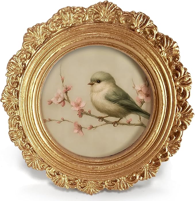 Small Vintage Bird Spring Round Picture Frame Wall Decor, Flower Gold Mini Ornate Photo Frame for TableTop Desk 2.7in Photo, Rustic Farmhouse Framed Artwork for Walls Office Bedroom Shelf