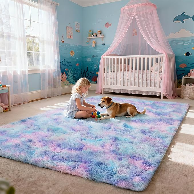 6x9 Fluffy Area Rug for Living Room,Shag Area Rugs for Bedroom,Soft Fuzzy Rug Non-Shedding Indoor Plush Carpet for Kids Bedroom Nursery Dorm Home Decor,Rainbow Purple