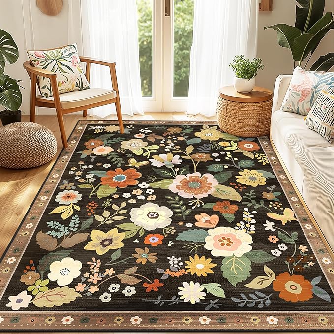 RELEANY Floral Nursery 3x5 Area Rugs Washable Print Boho Cute Carpet Non Slip Flower Low Pile for Living Room Kids Girls Playroom Bedroom Kitchen Office Farmhouse-Black/Yellow/Red