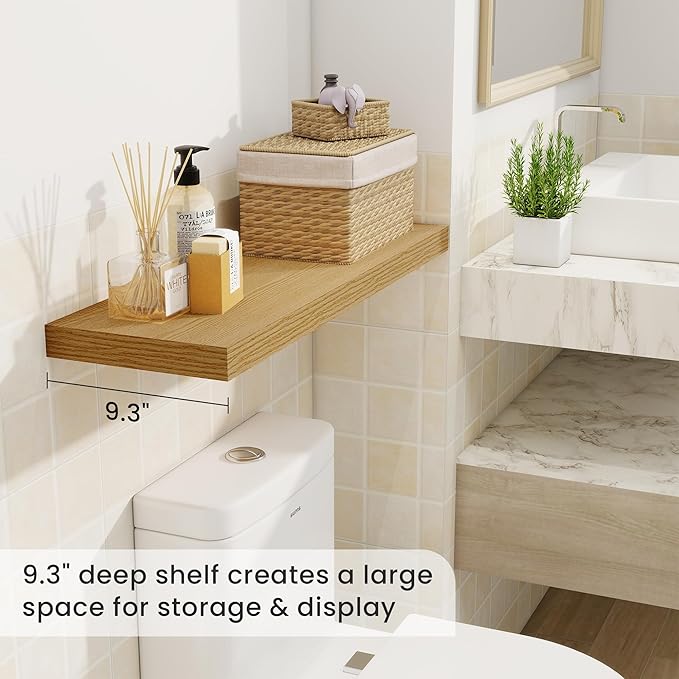 Fun Memories 9.3Inch Deep Floating Shelves for Wall, 30 Inch Rustic Wood Wall Mounted Shelves for Bathroom, Bedroom, Kitchen, Deep Floating Shelf for Storage & Home Decor (Oak, Set of 2)