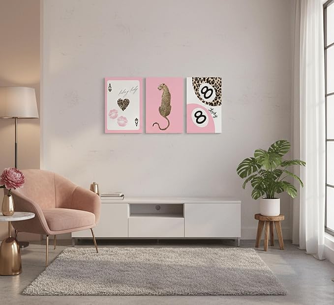 3Pcs Pink Trendy Leopard Print Canvas Wall Art, Fashion Cheetah Posters,Luxury Playing Card Pictures,Y2k Preppy Aesthetics Wall Decor for Girls' Room Bedroom Dorm Apartment. 16x24in Framed