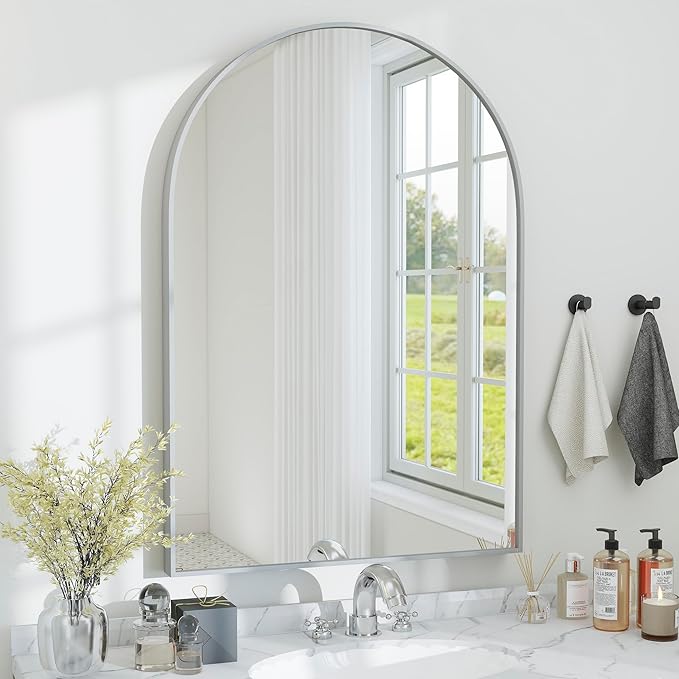 SCWF-GZ 24x36 Arch Mirror Square Full Length Wall Mounted Hanging or Against Wall Metal Aluminum Alloy Frame Dressing Make-up Mirrors for Entryway Bedroom Bathroom Living Room 24 36 inch Silver