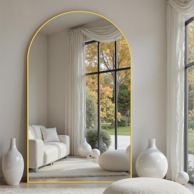 Suidia 82"x44" Arched Full Length Mirror with Stand, Full Body Mirror with Aluminum Frame, Freestanding/Leaning/Wall-Mounted, Floor Mirrors for Bedroom, Living Room, Entryway, Dressing Room, Gold