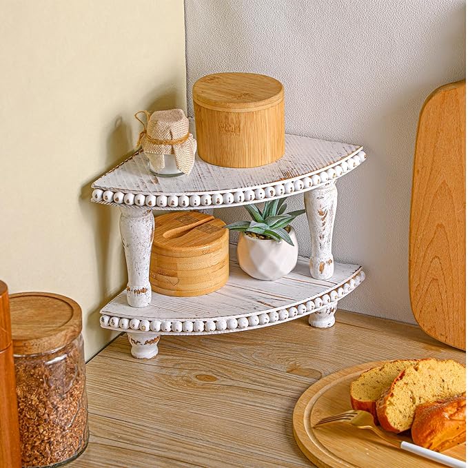Kigley 2 Tiered Corner Riser for Kitchen Counter Wood Beaded Corner Shelf White Wash Countertop Bathroom Counter Organizer Rustic Decorative Pedestal Stand with Removable Feet for Kitchen Coffee Bar