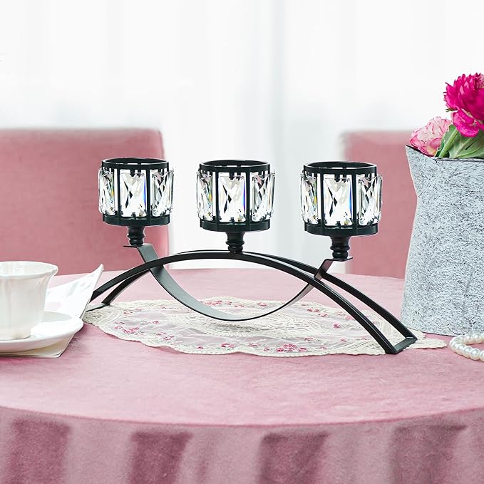 Black 3-Arm Crystal Candle Holders Arched - Elegant Tabletop Candelabra Centerpiece for Weddings, Dining Room Decor, Modern Home & Cabinet Display for & Housewarming