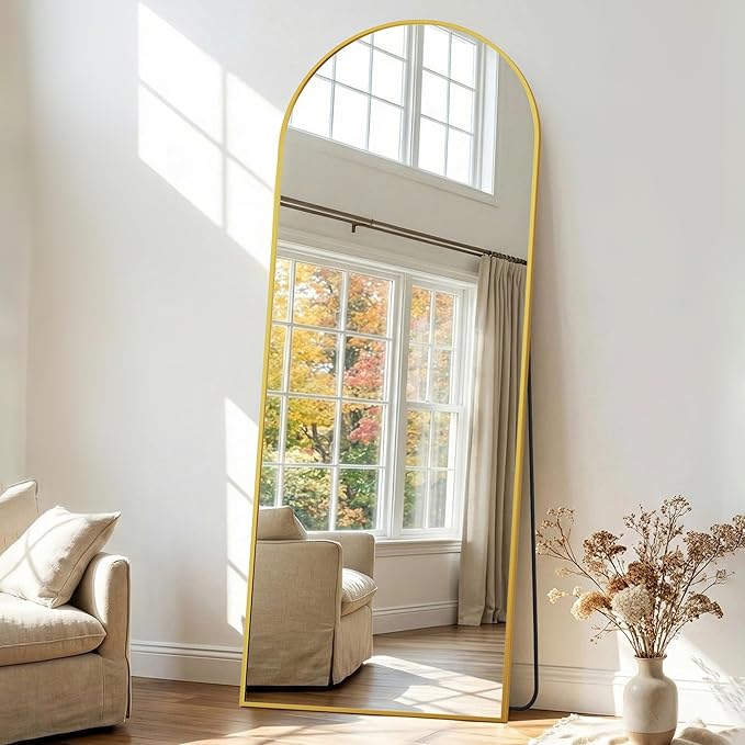 58"x18" Arched Full Length Mirror with Stand, Free Standing Leaning Wall Mounted Aluminum Alloy Frame Mirror for Bedroom Living Room Cloakroom, Gold