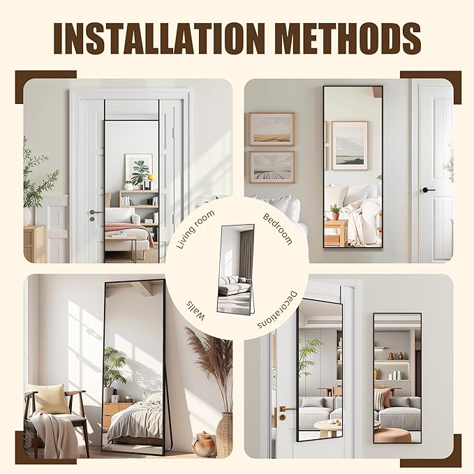 Antok Over The Door Mirror Full Length, 49'' x 14''Wall Mounted Hanging Mirror, Aluminum Alloy Frame, Shatterproof Glass, No Drill Installation for Bedroom, Closet, Bathroom, Dorm, Rect Corner,Black