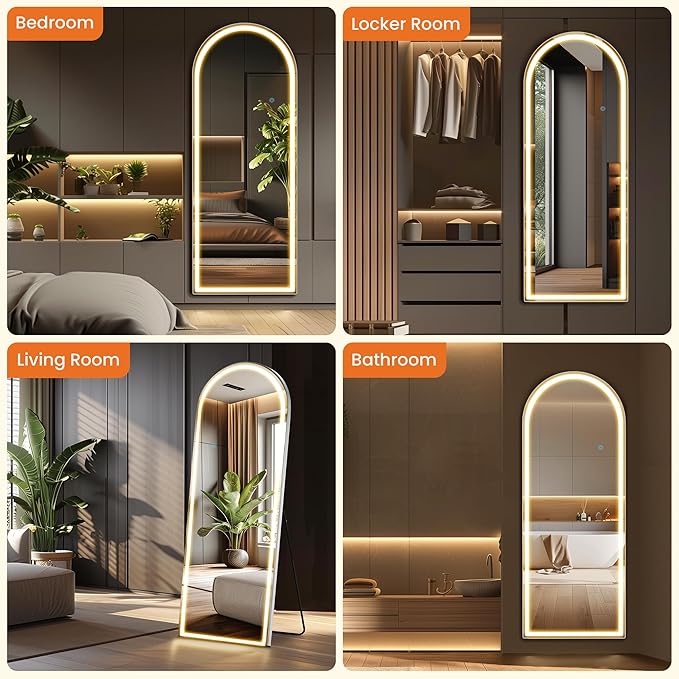 Sweetcrispy Arched Full Length Mirror with LED Lights, 71.3" x26.5 Lighted Floor Mirror with Dimming & 3 Color Lighting, Stand for Bedroom, Dressing Room