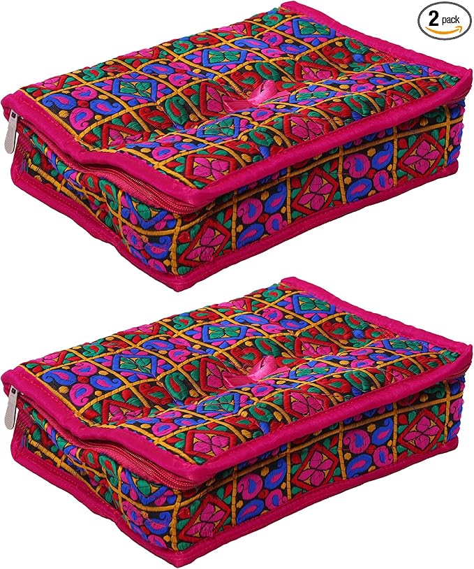 Kuber Industries Embroidery Design Jewellery Organiser For Women With Jewellery Pouches, Bangle Organizer Rod Travel Makeup Storage Organizer-Pack of 2 (Pink)