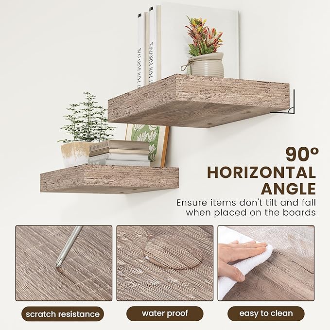 FLYJOE Deep Floating Shelves | 16 Inch Grey Floating Shelves Set of 2 | 12 Inch Deep Rustic Grey Wall Shelves | Deep Shelves for Living Room Bathroom Kitchen Bedroom