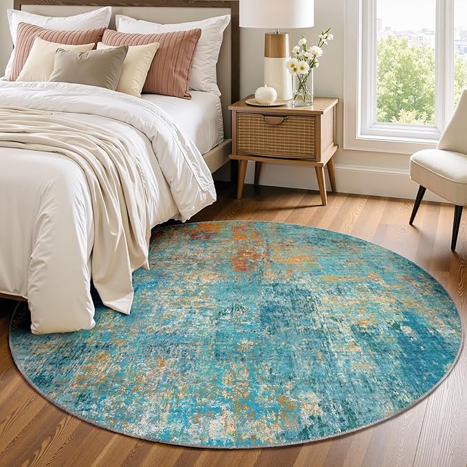 RELEANY Washable Area Rugs 4ft Non-Slip Modern Abstract Soft for Living Room Entryway Bedroom Nursery, Print Pattern, Teal Blue Green Orange Rust Red Coloreful