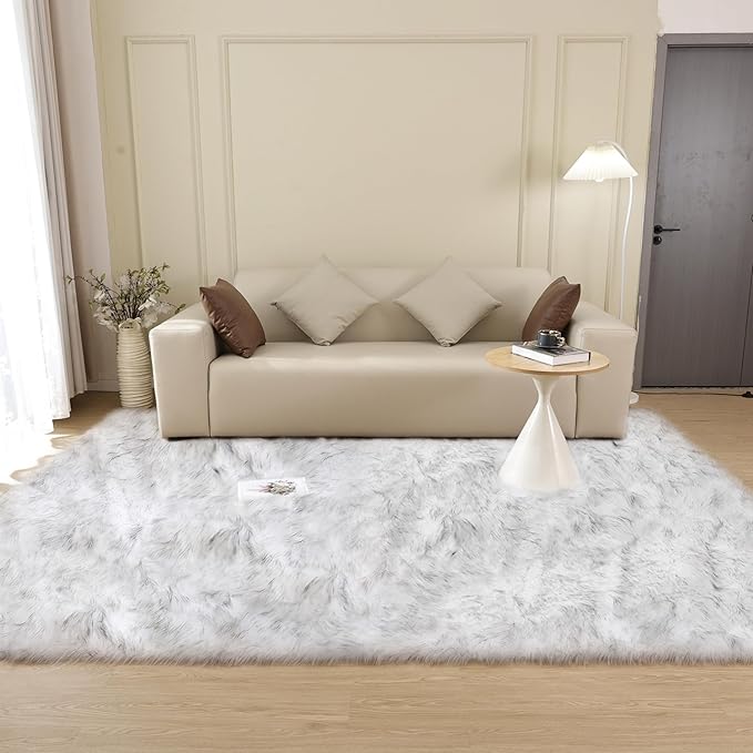 ORINOVA White and Gray Furry Carpet for Bedroom Fuzzy Faux Sheepskin Washable Fur Area Rugs for Living Room Rug 4x6 Rectangle Nursery Rug