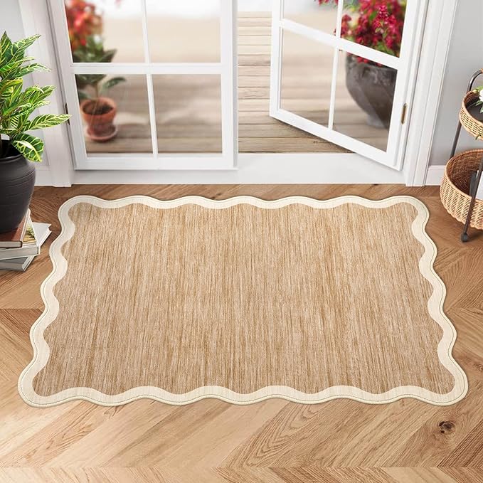 GarveeHome Scalloped Washable Rug, 2x3 Kitchen Rugs for Entryway Bathroom, Soft Door Mat Indoor Entrance Ultra-Thin, Small Non-Slip Throw Carpet for Bedroom Entry Laundry, Light Brown